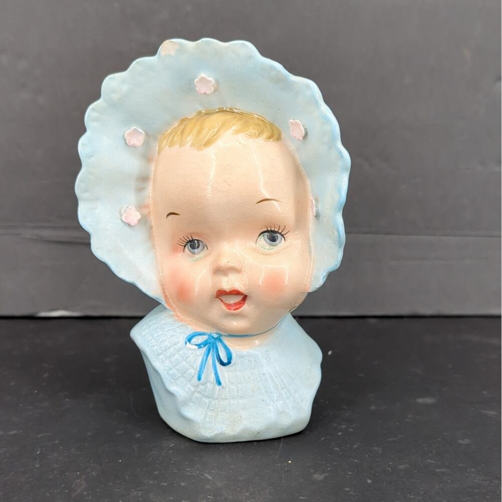 Vintage Ceramic Baby Head Vase Blue Bonnet Planter Figurine Mid Century